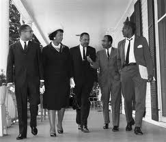 Left to right, Morris Dosewell, American Labor Council; Dorothy Height, National Committee Negro Women; Alexander Allen, Urban League; Basil Paterson, NAACP and Bayard Rustin, director of the Philips Randolph Institute walk together after a meeting with Mayor Wagner in New York on June 4, 1965 file photo.